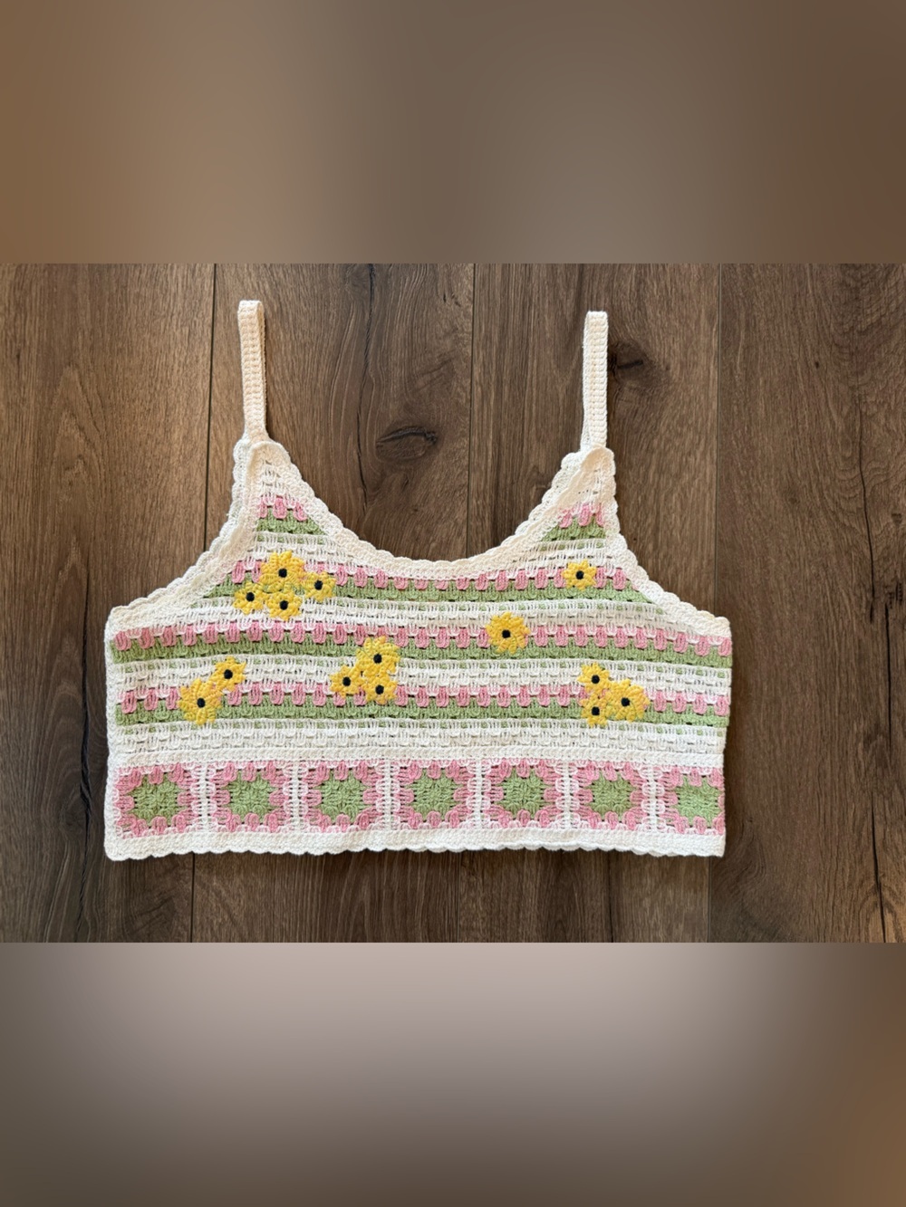 Good Luck Gem Crochet Floral Tank Top size M Boho Cottagecore Granny Square